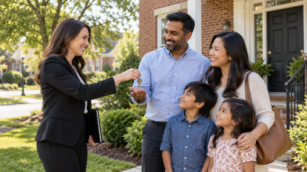 Mixed South Asian and East Asian family receiving house keys from a realtor