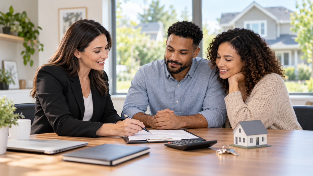 Mortgage advisor reviewing 2026 conforming loan options with homebuyers