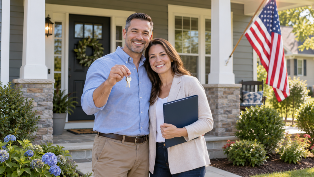 Veteran and spouse holding keys outside their new home
