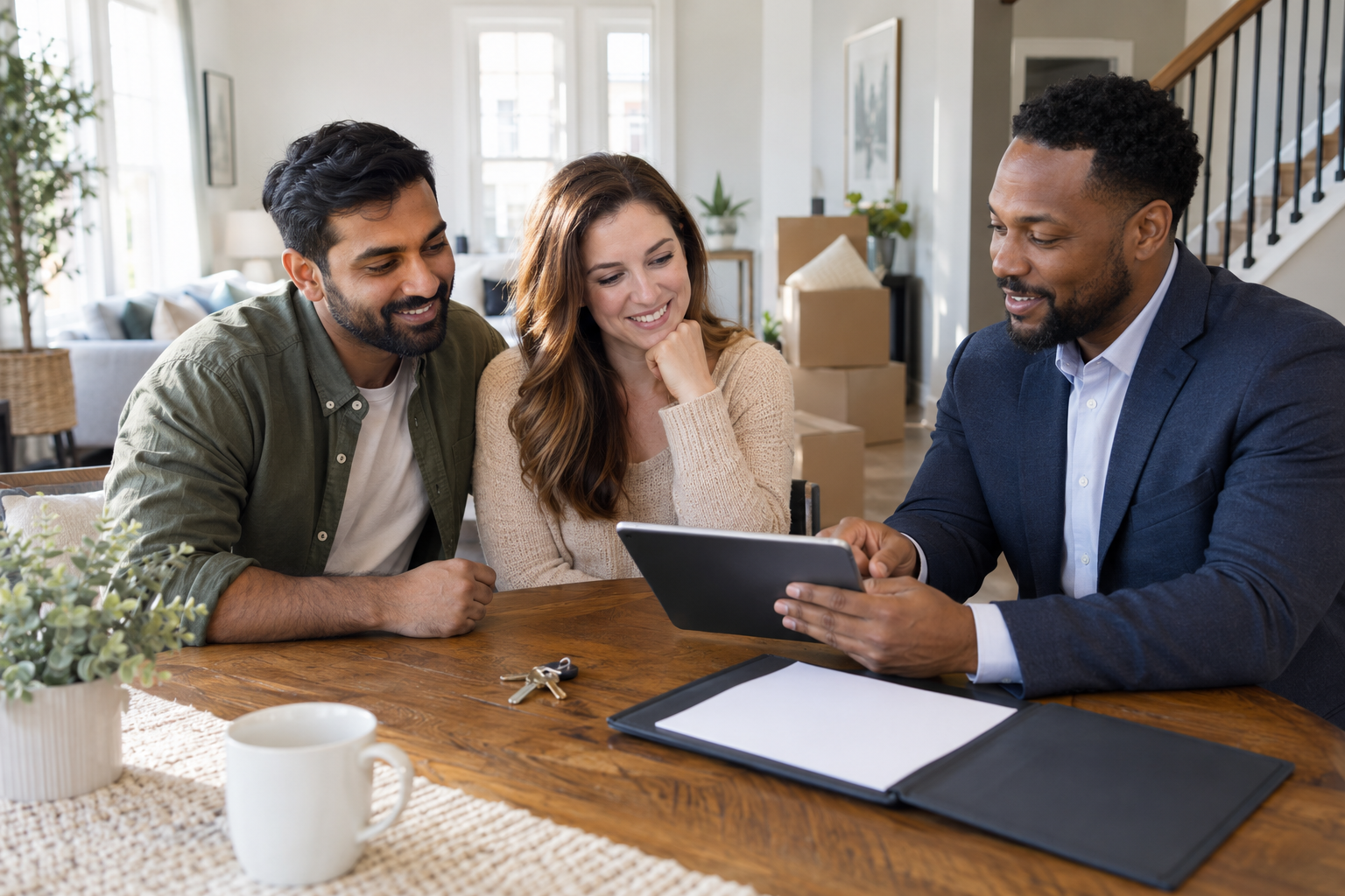 Homebuyers reviewing conventional mortgage options with a loan professional