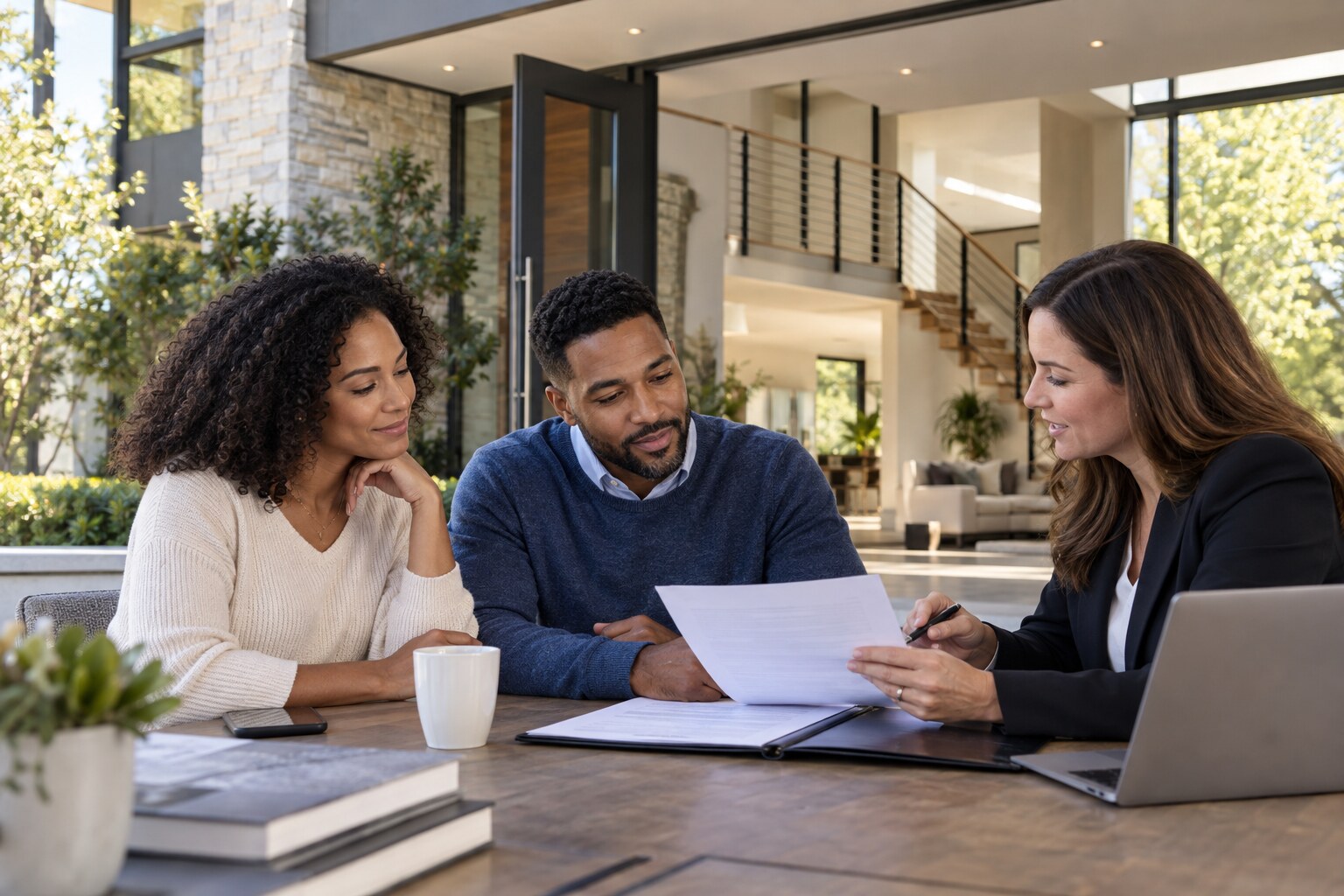 Homebuyers reviewing jumbo mortgage options with a loan advisor