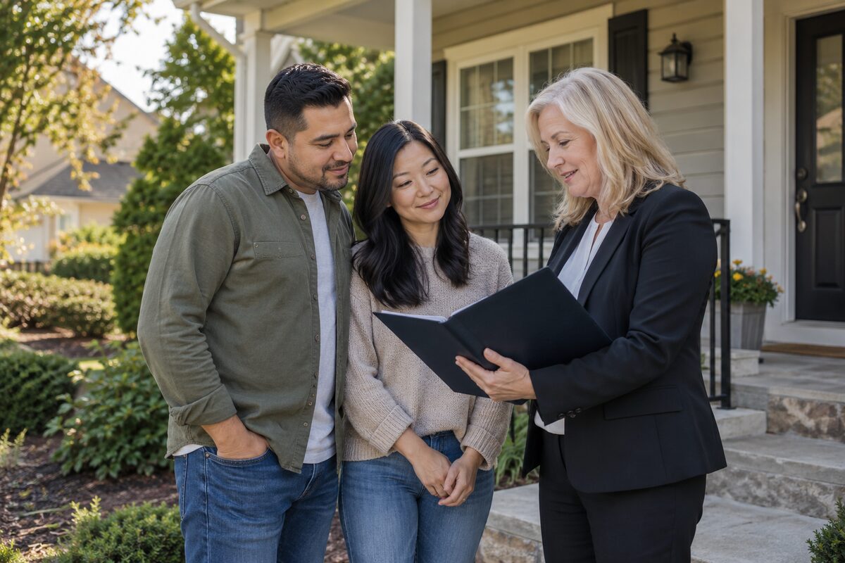 Veteran and spouse reviewing VA home loan options with a mortgage professional.