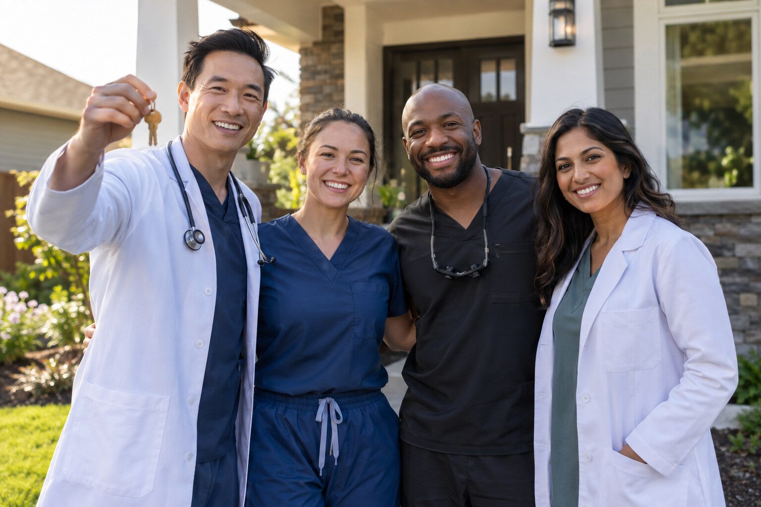 Diverse medical professionals celebrating homeownership