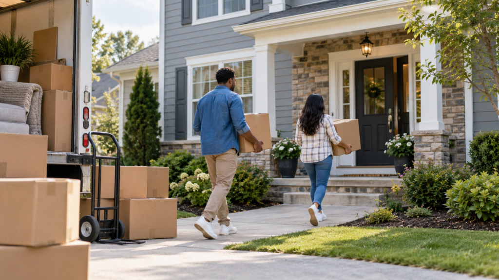 Moving into a new home with boxes and a moving truck