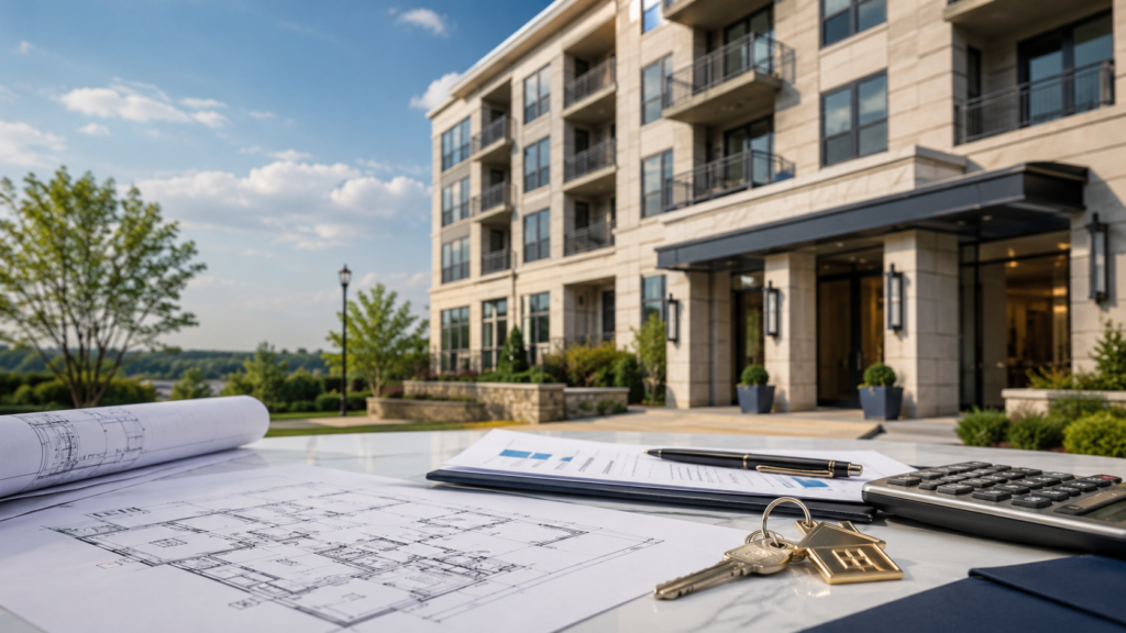 Modern condominium building with project review documents for condo financing